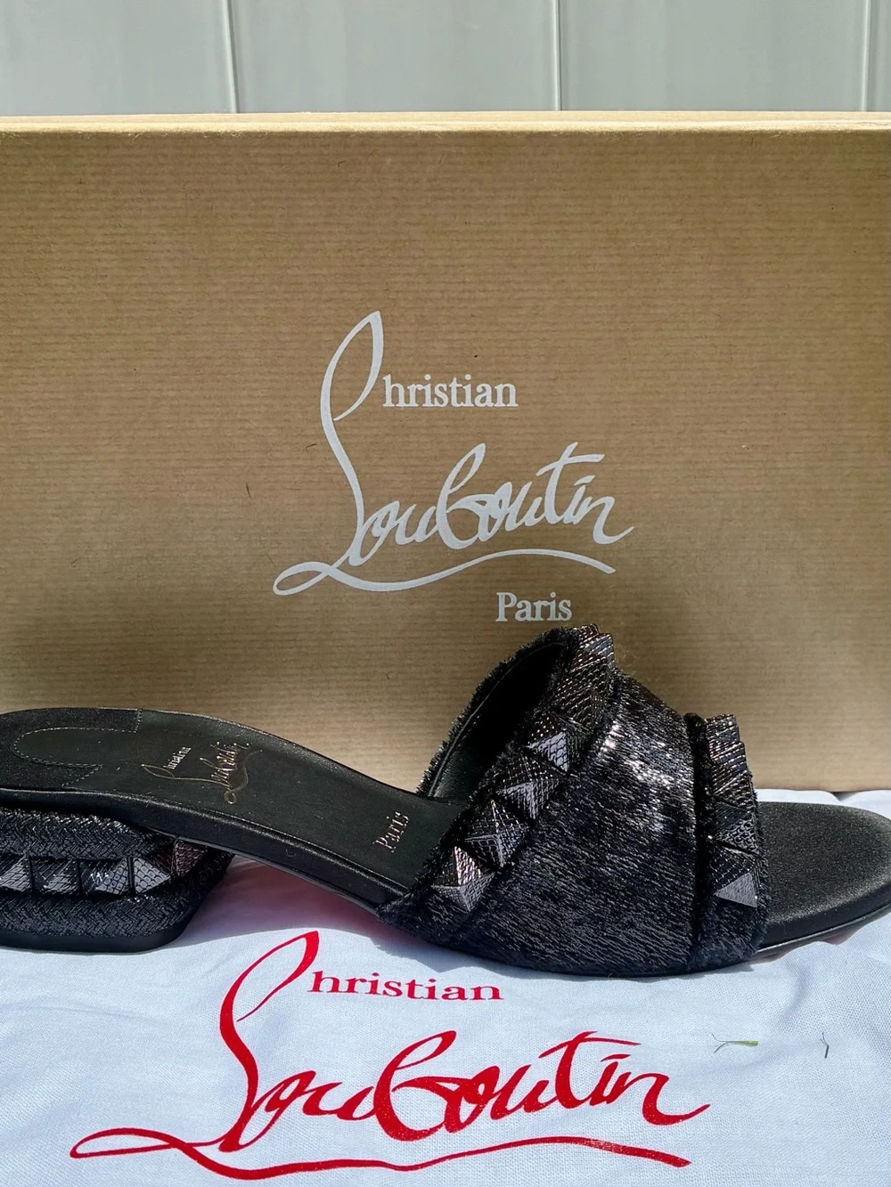 CHRISTIAN LOUBOUTIN PYRAMULE 30 SLIDE MULE SANDAL BLACK VELVET METAL STUDS SZ 38